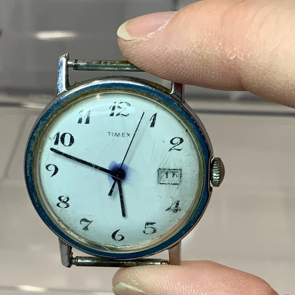 Vintage Timex Manual Wind Watch Date Dial Parts Repair Project Chrome Silver
